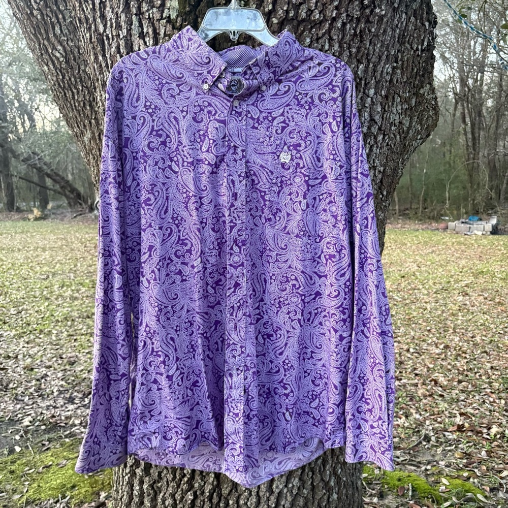 CINCH COTTON WESTERN COWBOY LONG SLEEVE BUTTON DOWN PAISLEY PURPLE DRESS SHIRT - Picture 10 of 11